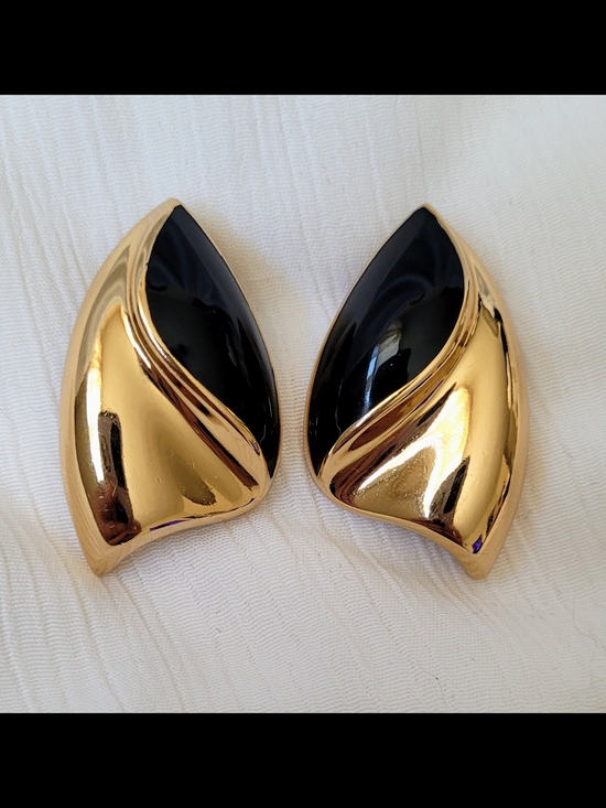 Dior Jewelry - Vintage Christian Dior Copyright Gold and Black Statement Clip-On Earrings 1980s